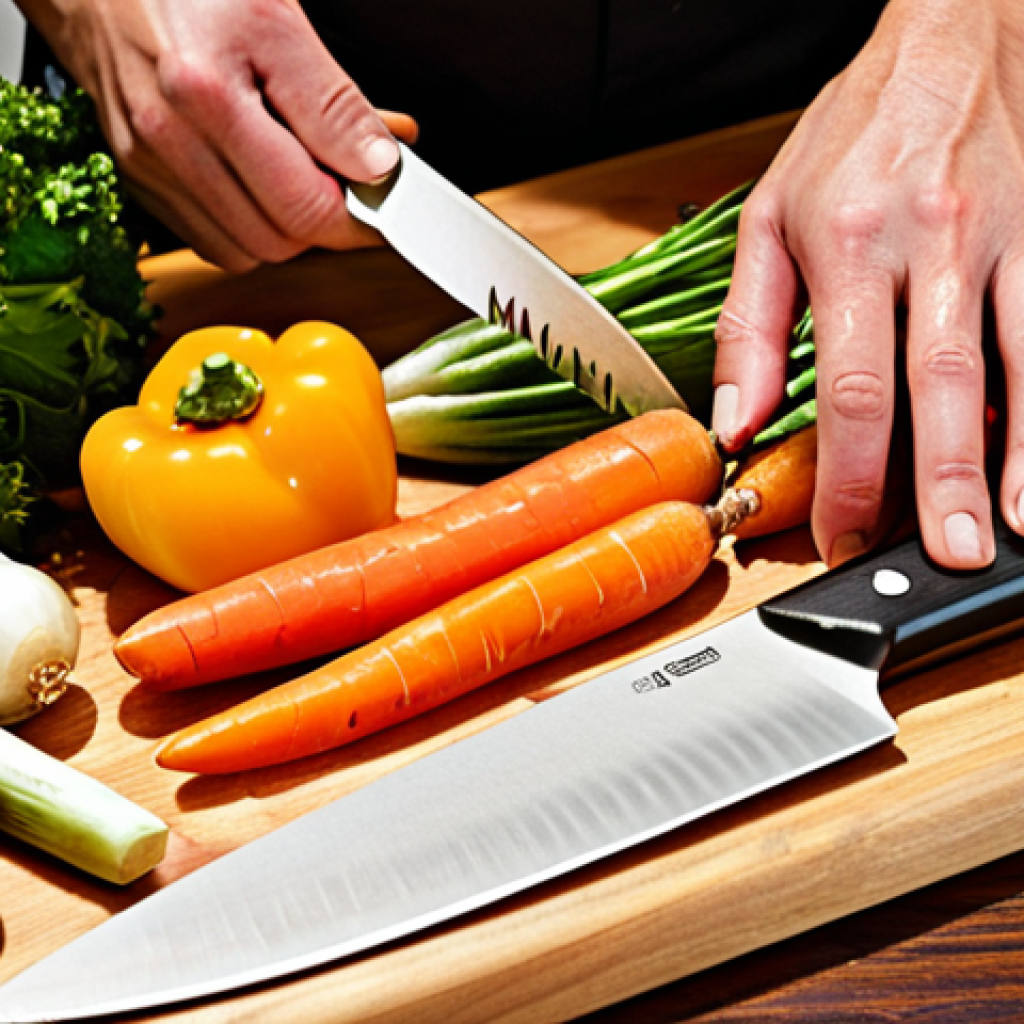 **Image:** A chef's knife, gleaming and sharp, cutting through a colorful array of vegetables (carrots, onions, peppers) on a wooden cutting board. Focus on precision and vibrant colors. Include some herbs nearby.