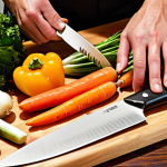 **Image:** A chef's knife, gleaming and sharp, cutting through a colorful array of vegetables (carrots, onions, peppers) on a wooden cutting board. Focus on precision and vibrant colors. Include some herbs nearby.