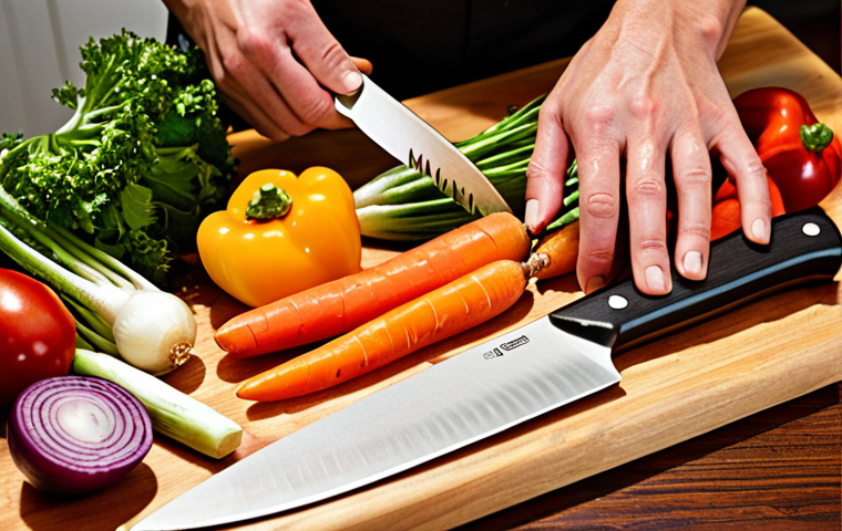 **Image:** A chef's knife, gleaming and sharp, cutting through a colorful array of vegetables (carrots, onions, peppers) on a wooden cutting board. Focus on precision and vibrant colors. Include some herbs nearby.