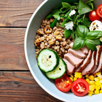 **

A vibrant and colorful pork bowl, photographed from a high angle. The bowl contains a mix of fresh seasonal vegetables like tomatoes, cucumbers, and peppers, along with juicy pieces of pork, and a grain like buckwheat or barley. Garnish with fresh herbs like basil and parsley. Add a sprinkle of toasted walnuts for crunch. The dressing is a light vinaigrette. The bowl is placed on a rustic wooden table in a well-lit kitchen.

**
