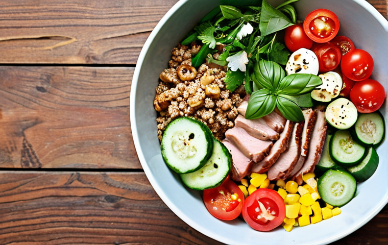 **
A vibrant and colorful pork bowl, photographed from a high angle. The bowl contains a mix of fresh seasonal vegetables like tomatoes, cucumbers, and peppers, along with juicy pieces of pork, and a grain like buckwheat or barley. Garnish with fresh herbs like basil and parsley. Add a sprinkle of toasted walnuts for crunch. The dressing is a light vinaigrette. The bowl is placed on a rustic wooden table in a well-lit kitchen.
**