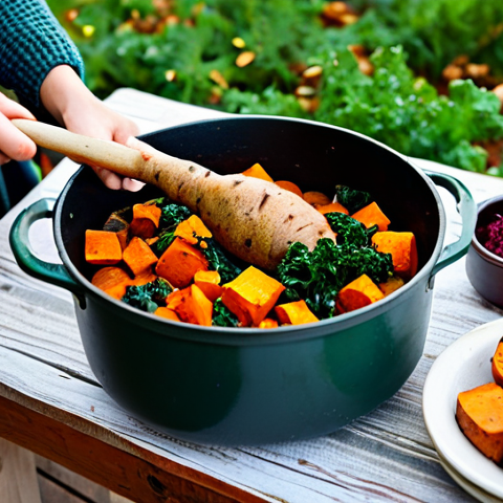 고구마와 채소로 만든 한 그릇식사 - Autumn Harvest Feast**
"A bountiful autumn harvest scene featuring sweet potatoes, carrots, kale, a...