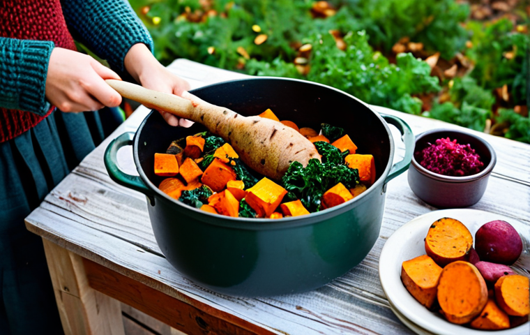고구마와 채소로 만든 한 그릇식사 - Autumn Harvest Feast**
"A bountiful autumn harvest scene featuring sweet potatoes, carrots, kale, a...