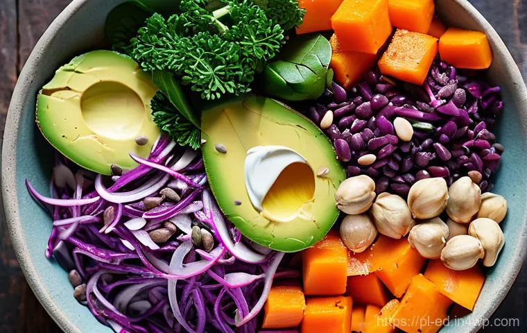 채소 중심 한 그릇 식사로 면역력 강화하기 - **A Vibrant, Immunity-Boosting Veggie Bowl.**
A close-up, overhead shot of a beautifully compose...