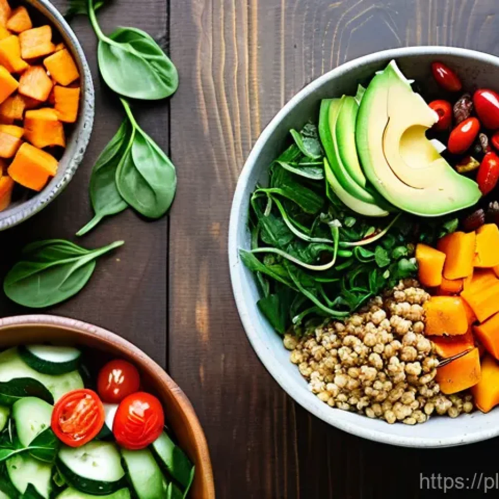 채소 중심 한 그릇 식사와 함께하는 운동 루틴 - **Vibrant "Power Bowl" for a Healthy Lifestyle:** A brightly lit, inviting overhead shot of a meticu...