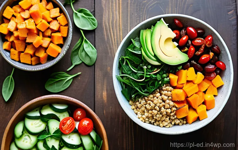 채소 중심 한 그릇 식사와 함께하는 운동 루틴 - **Vibrant "Power Bowl" for a Healthy Lifestyle:** A brightly lit, inviting overhead shot of a meticu...