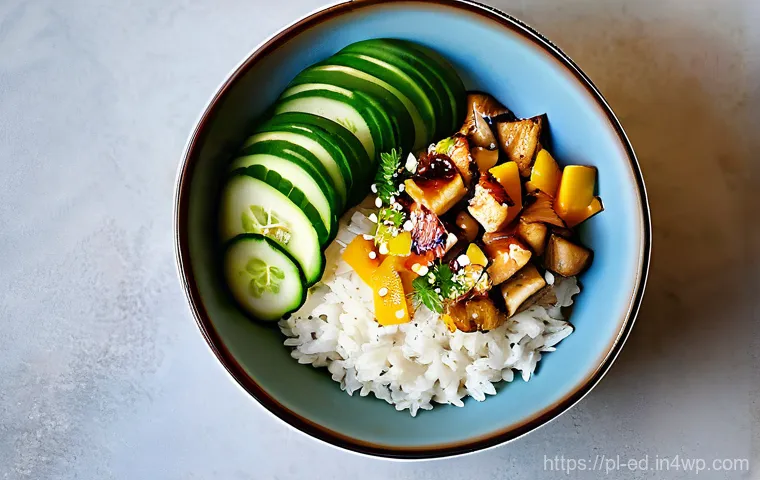 고급 레스토랑 스타일의 한 그릇 식사 - **"Oriental Harmony Bowl"**
    A meticulously composed fine dining bowl, presented with a vibrant a...