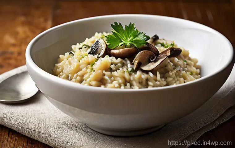 고급 한 그릇 식사 레시피로 손님 초대하기 - **Prompt for Wild Mushroom Risotto:**
    "A visually appealing overhead shot of a creamy wild mushr...