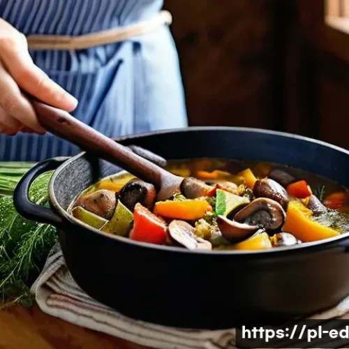전통 요리에서 영감을 받은 한 그릇 채소 요리 - **Grandma's One-Pot Autumn Harvest Stew**
    A cozy, rustic Polish-style kitchen, bathed in warm, s...
