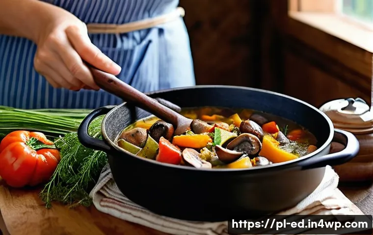 전통 요리에서 영감을 받은 한 그릇 채소 요리 - **Grandma's One-Pot Autumn Harvest Stew**
    A cozy, rustic Polish-style kitchen, bathed in warm, s...