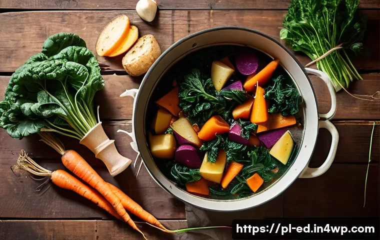 한 그릇 식사에 적합한 채소 조합 - A vibrant, rustic one-pot vegetable stew featuring a colorful mix of root vegetables such as carrots...