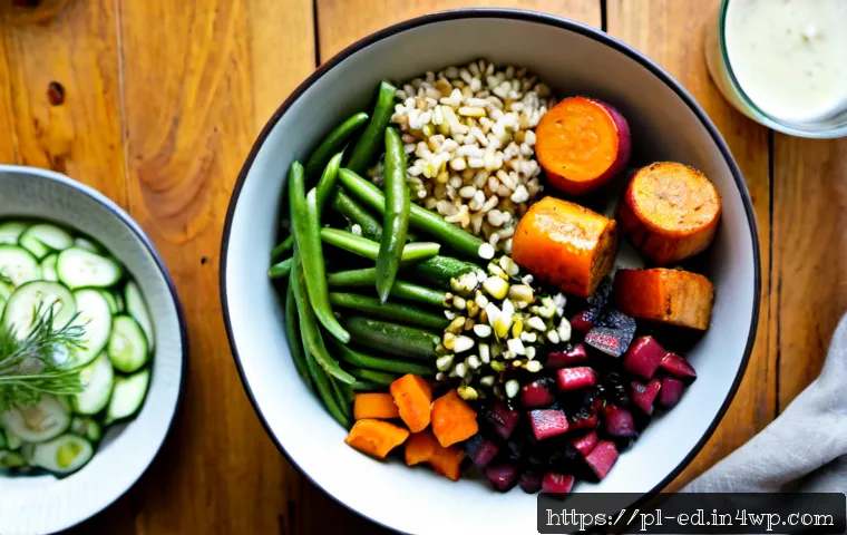 Home 17 한 그릇 식사에서 채소의 중요성 - Photorealistic overhead view of a wholesome Polish one-bowl meal on a rustic wooden kitchen table: b...