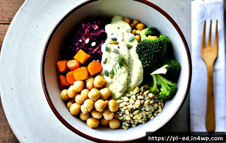 Home 17 채소 중심 한 그릇 식사로 나만의 요리 스타일 찾기 - Photorealistic overhead view of a colorful vegetable-centered one-bowl meal in a handmade ceramic bo...